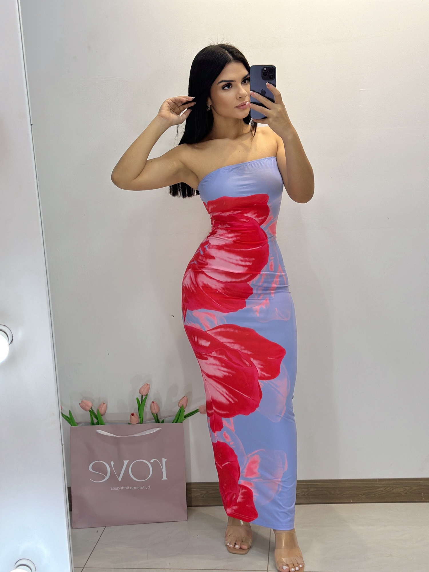 Vestido maxi tubo - Flores grandes - Naranja con celeste